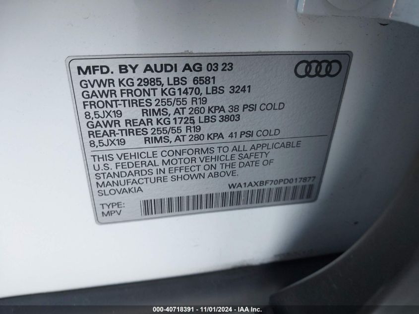 2023 Audi Q7 Premium 55 Tfsi Quattro Tiptronic VIN: WA1AXBF70PD017877 Lot: 40718391