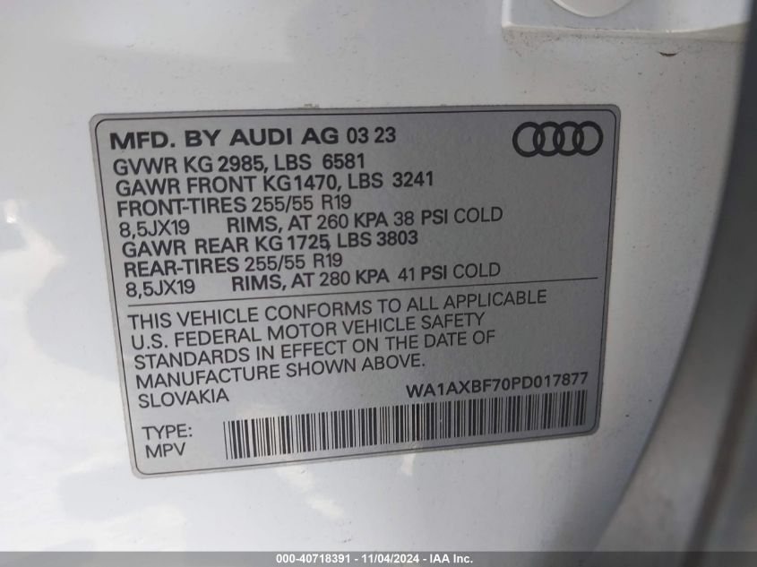 2023 Audi Q7 Premium 55 Tfsi Quattro Tiptronic VIN: WA1AXBF70PD017877 Lot: 40718391