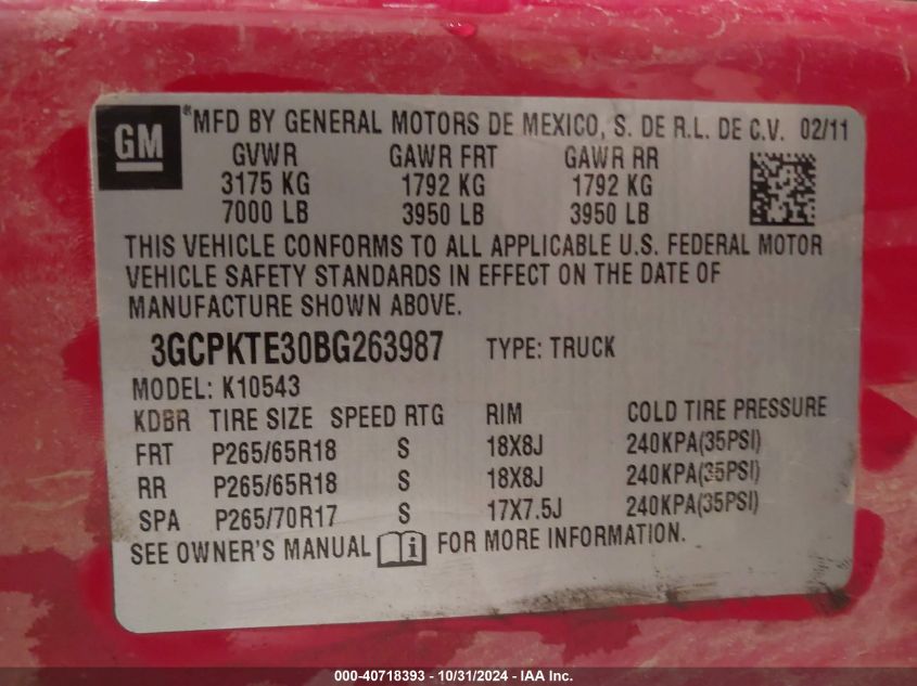 2011 Chevrolet Silverado 1500 Ltz VIN: 3GCPKTE30BG263987 Lot: 40718393