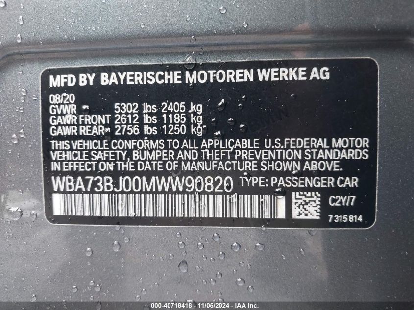 2021 BMW 540I xDrive VIN: WBA73BJ00MWW90820 Lot: 40718418