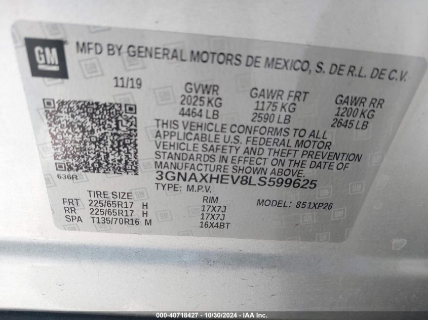 2020 Chevrolet Equinox Fwd Ls VIN: 3GNAXHEV8LS599625 Lot: 40718427