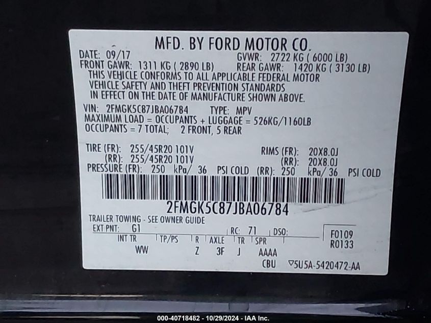 2018 Ford Flex Sel VIN: 2FMGK5C87JBA06784 Lot: 40718482