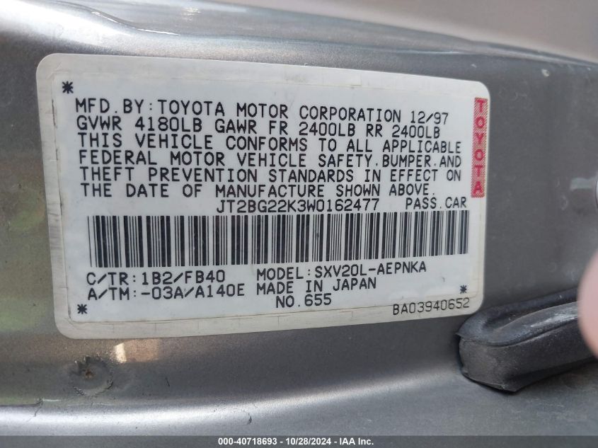 1998 Toyota Camry Le VIN: JT2BG22K3W0162477 Lot: 40718693