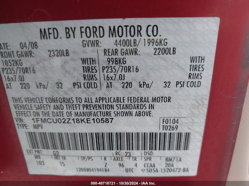 2008 Ford Escape Xls/Xls Manual VIN: 1FMCU02Z18KE10587 Lot: 40718721