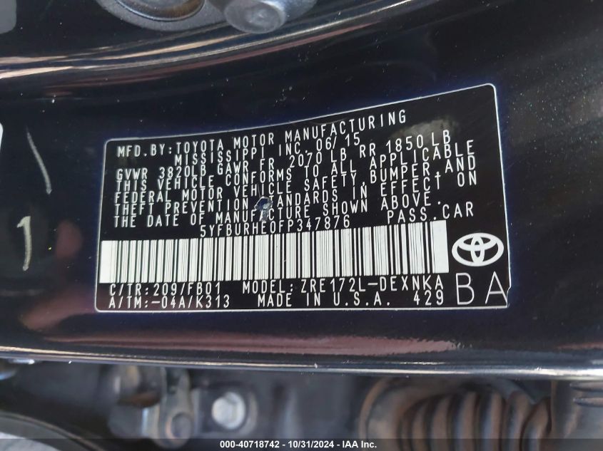 VIN 5YFBURHE0FP347876 2015 TOYOTA COROLLA no.9