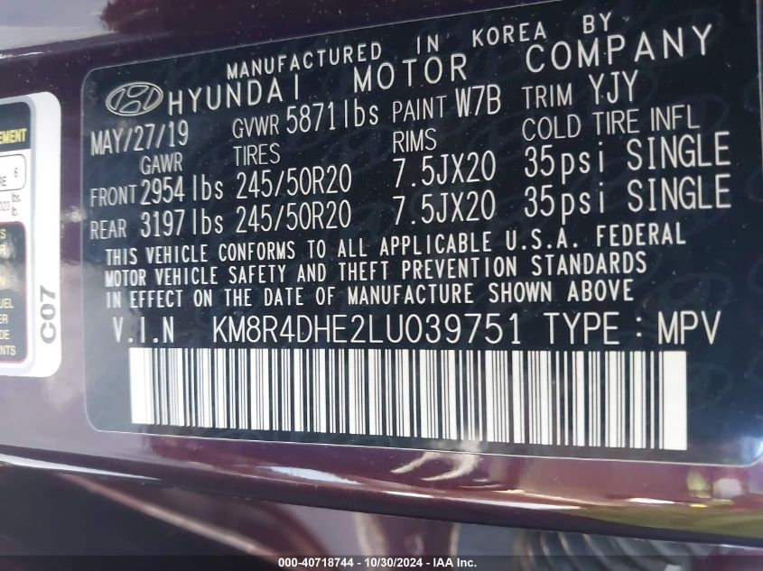 2020 Hyundai Palisade Sel VIN: KM8R4DHE2LU039751 Lot: 40718744