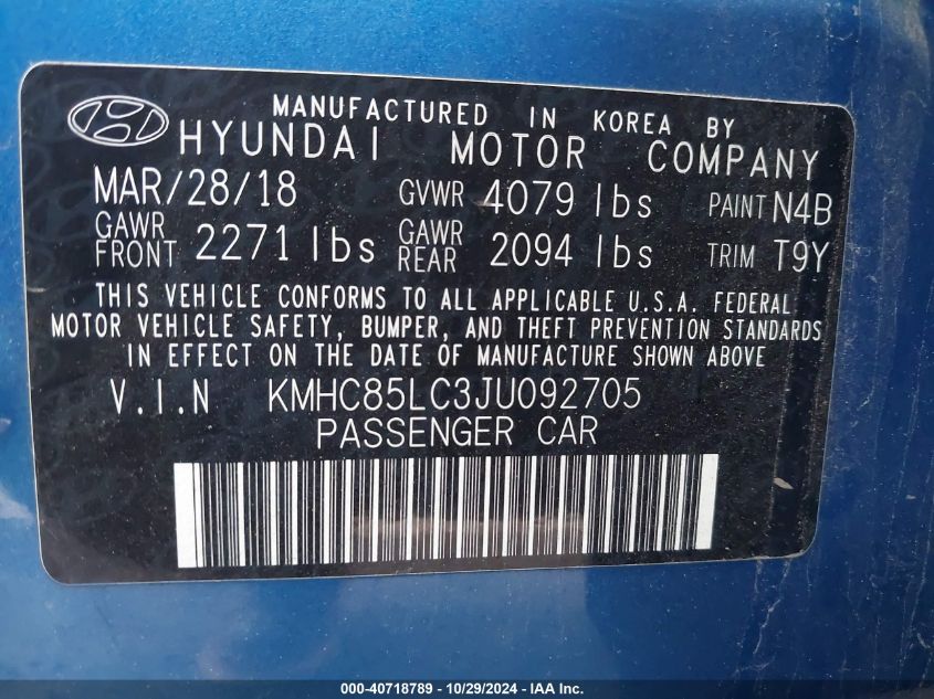 2018 Hyundai Ioniq Hybrid Limited VIN: KMHC85LC3JU092705 Lot: 40718789