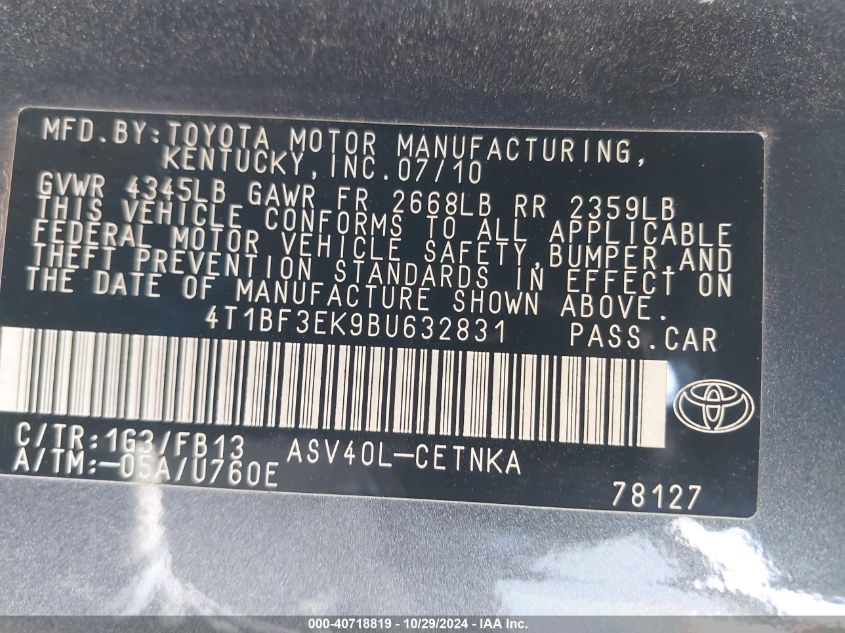 2011 Toyota Camry Le VIN: 4T1BF3EK9BU632831 Lot: 40718819