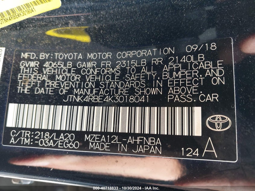 2019 TOYOTA COROLLA VIN: JTNK4RBE4K3018041