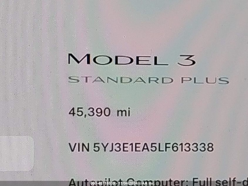 2020 Tesla Model 3 Standard Range Plus Rear-Wheel Drive/Standard Range Rear-Wheel Drive VIN: 5YJ3E1EA5LF613338 Lot: 40718839