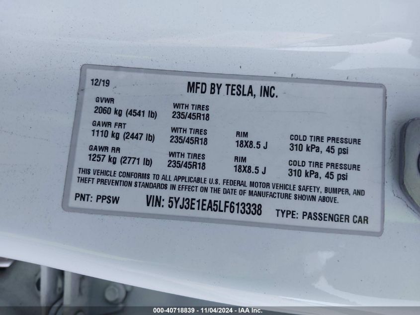 2020 Tesla Model 3 Standard Range Plus Rear-Wheel Drive/Standard Range Rear-Wheel Drive VIN: 5YJ3E1EA5LF613338 Lot: 40718839