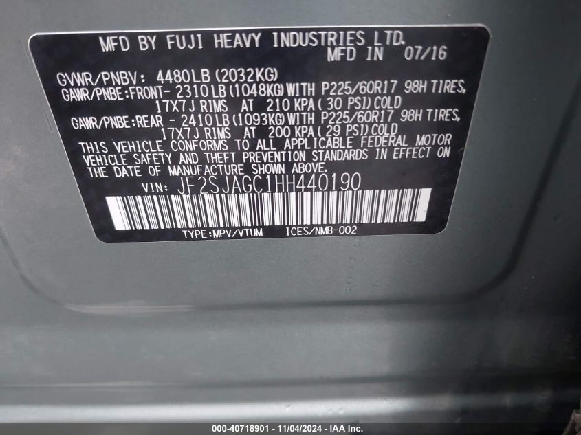 VIN JF2SJAGC1HH440190 2017 Subaru Forester, 2.5I Pr... no.9