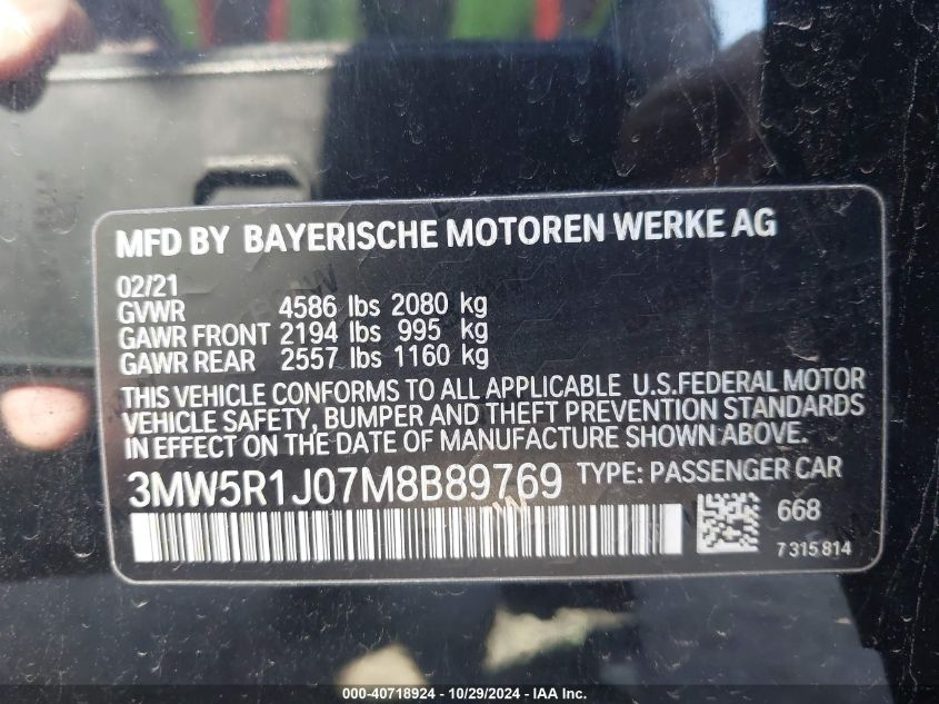 2021 BMW 330I VIN: 3MW5R1J07M8B89769 Lot: 40718924