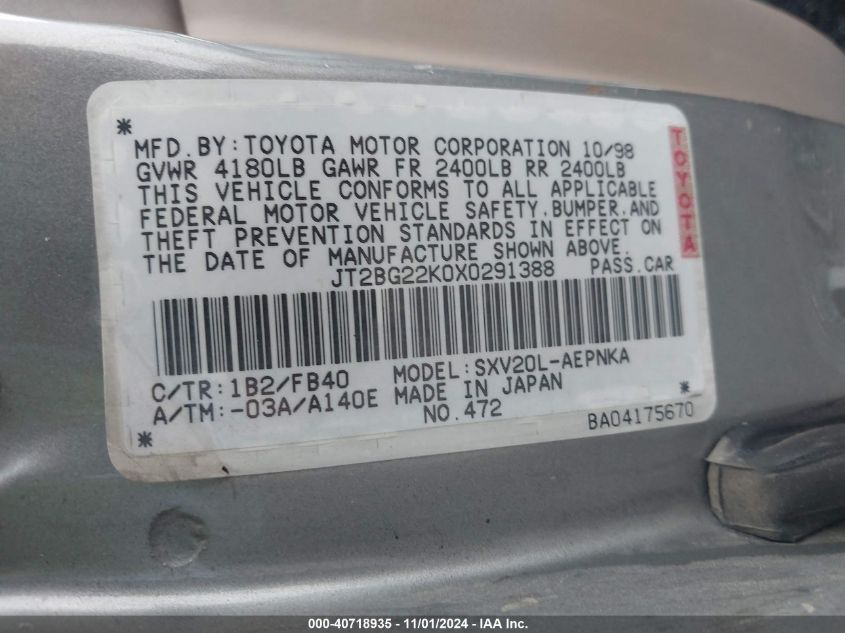 1999 Toyota Camry Le VIN: JT2BG22K0X0291388 Lot: 40718935