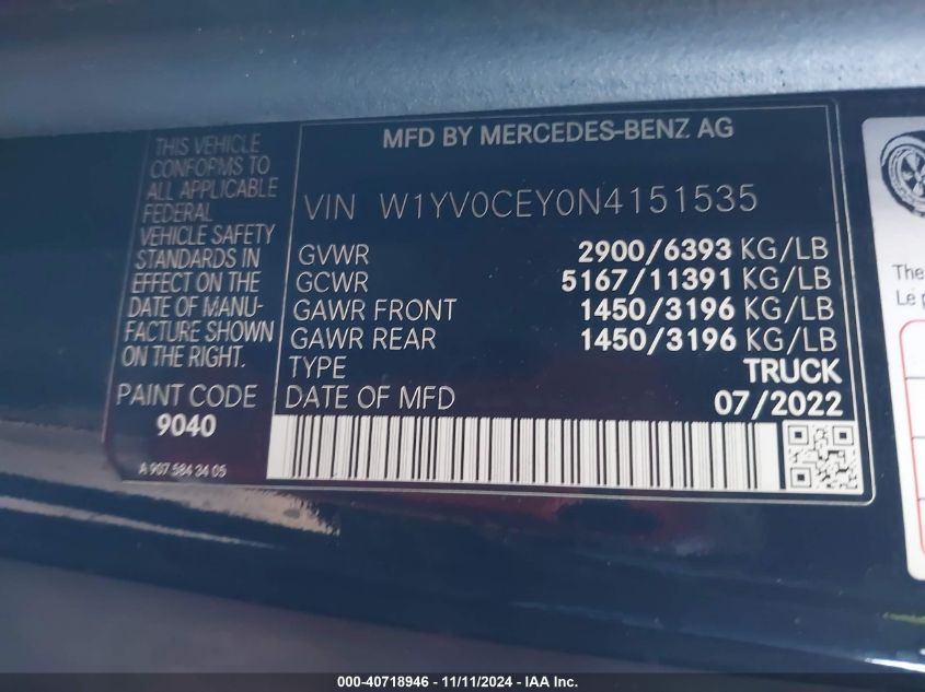 2022 Mercedes-Benz Metris VIN: W1YV0CEY0N4151535 Lot: 40718946