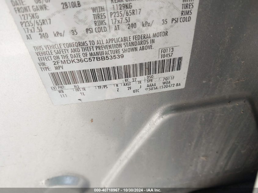 2007 Ford Edge Se VIN: 2FMDK36C57DB53539 Lot: 40718967