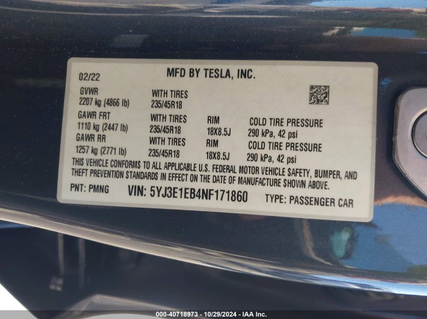 2022 Tesla Model 3 Long Range Dual Motor All-Wheel Drive VIN: 5YJ3E1EB4NF171860 Lot: 40718973