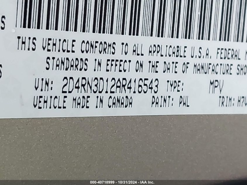 2010 Dodge Grand Caravan Hero VIN: 2D4RN3D12AR416543 Lot: 40718999