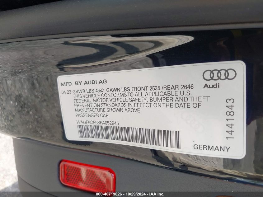 2023 Audi A5 Premium Plus 45 VIN: WAUFACF58PA052845 Lot: 40719026