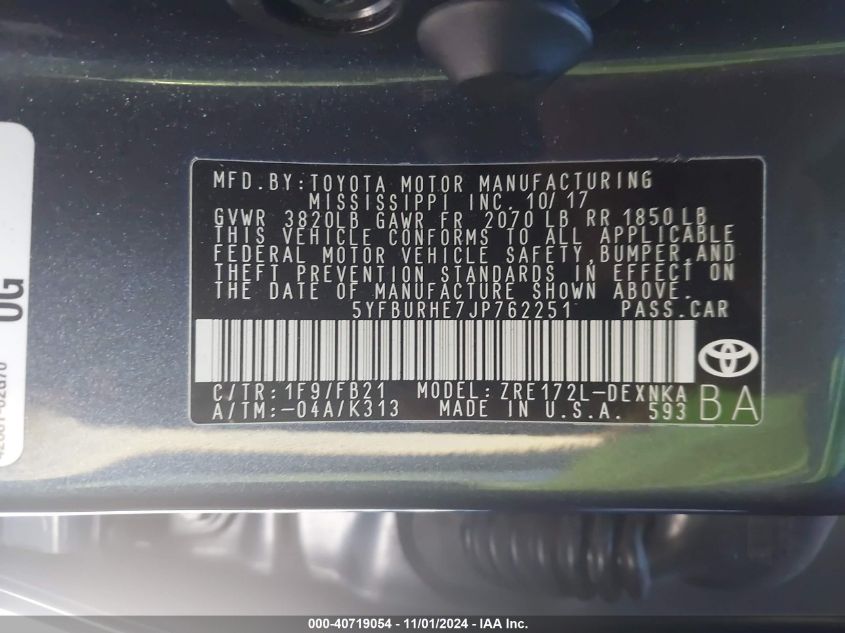 2018 TOYOTA COROLLA LE - 5YFBURHE7JP762251