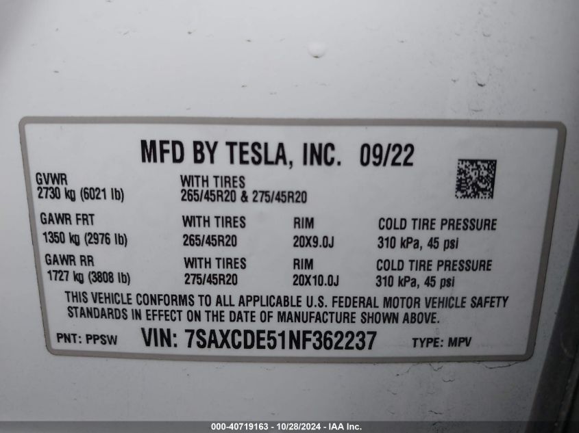 2022 Tesla Model X VIN: 7SAXCDE51NF362237 Lot: 40719163