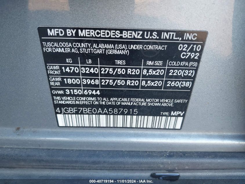 2010 Mercedes-Benz Gl 450 4Matic VIN: 4JGBF7BE0AA587915 Lot: 40719194