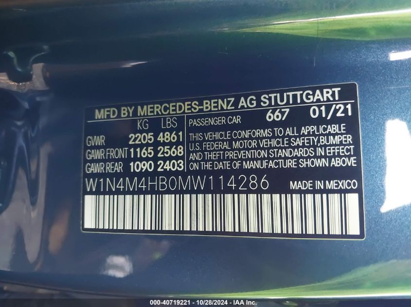 2021 Mercedes-Benz Glb 250 4Matic VIN: W1N4M4HB0MW114286 Lot: 40719221