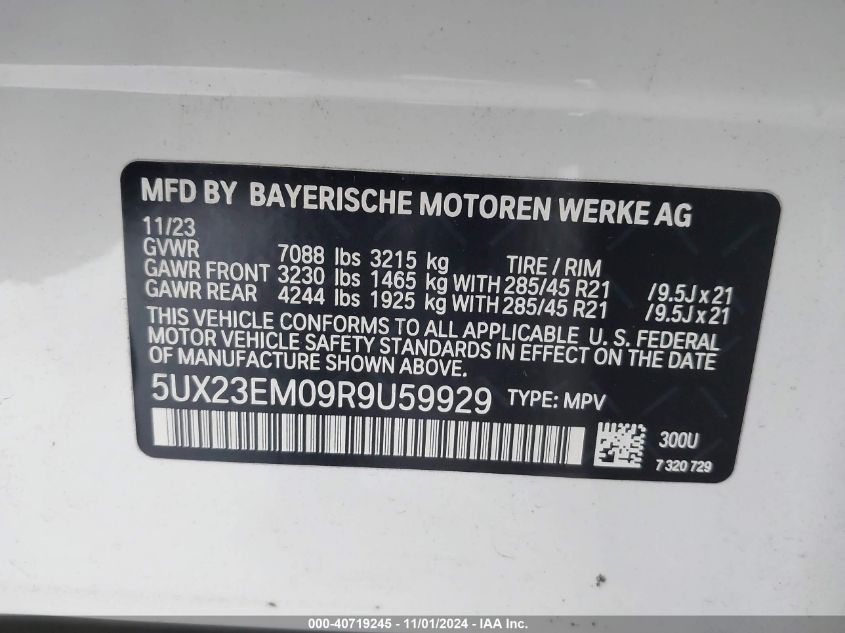 2024 BMW X7 xDrive40I VIN: 5UX23EM09R9U59929 Lot: 40719245