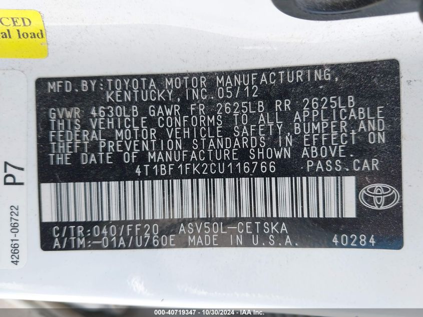 2012 Toyota Camry Se VIN: 4T1BF1FK2CU116766 Lot: 40719347