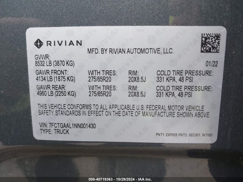 2022 Rivian R1T Launch Edition VIN: 7FCTGAAL1NN001430 Lot: 40719363