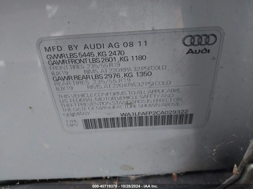 2012 Audi Q5 2.0T Premium VIN: WA1LFAFP2CA029322 Lot: 40719370