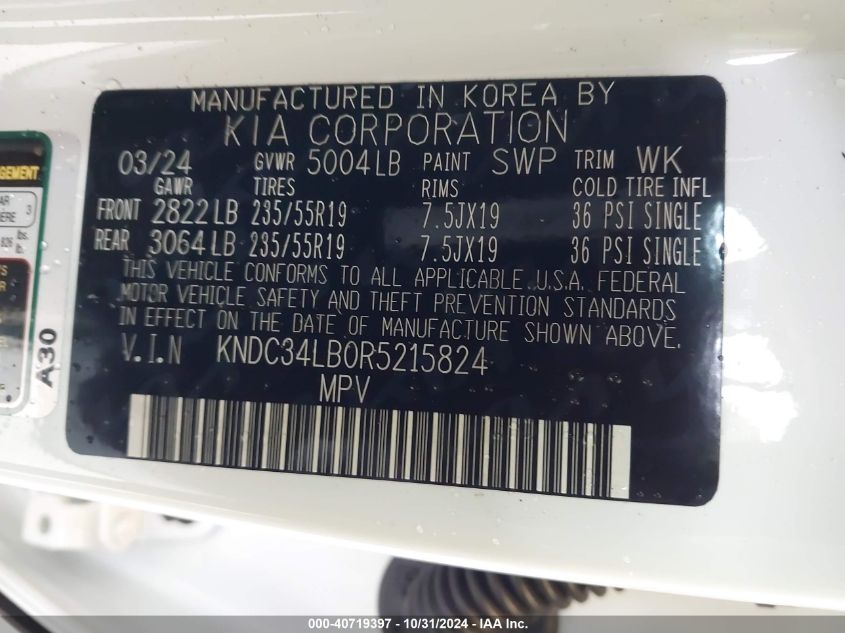 2024 Kia Ev6 Light/Wind VIN: KNDC34LB0R5215824 Lot: 40719397