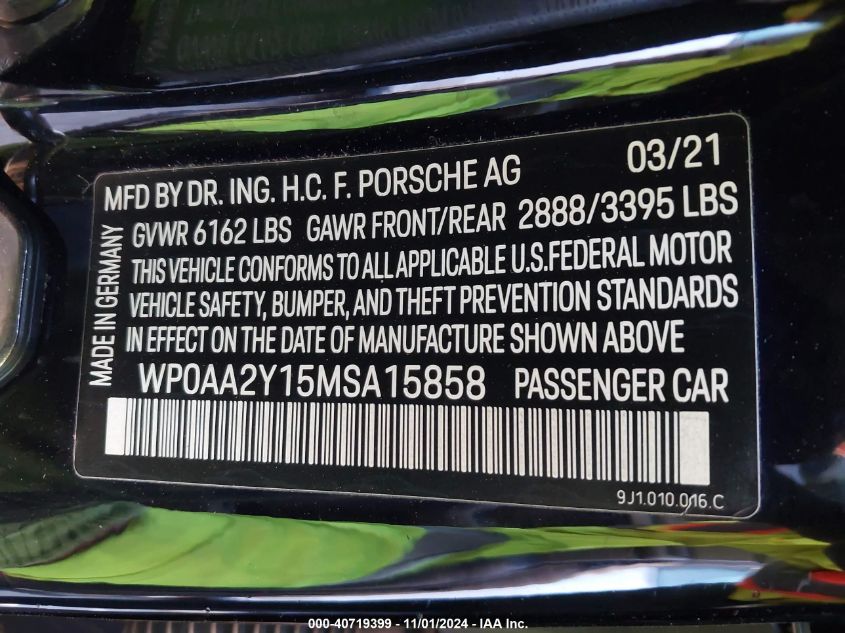 2021 Porsche Taycan VIN: WP0AA2Y15MSA15858 Lot: 40719399