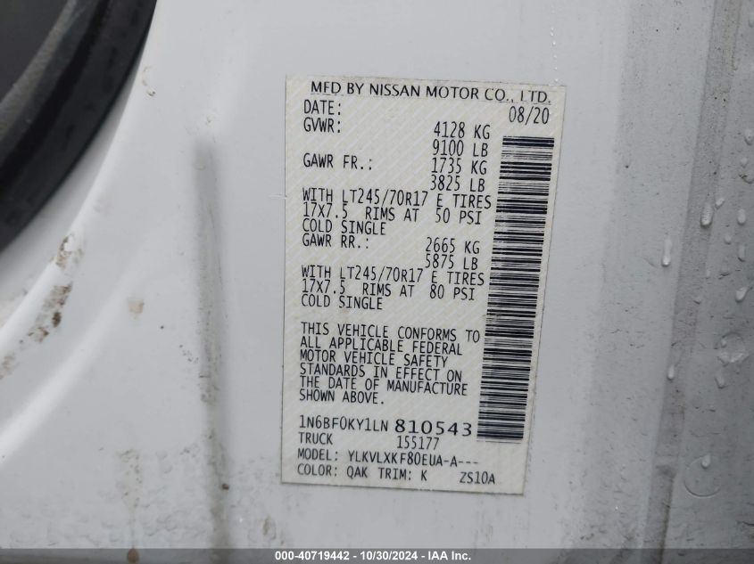 2020 Nissan Nv Cargo Nv2500 Hd Sv Standard Roof V6 VIN: 1N6BF0KY1LN810543 Lot: 40719442