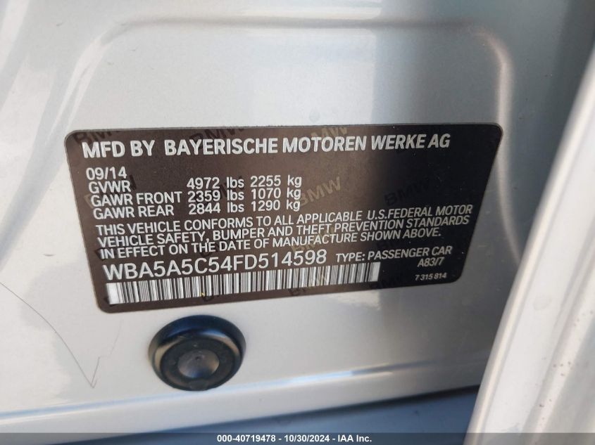 2015 BMW 528 I VIN: WBA5A5C54FD514598 Lot: 40719478