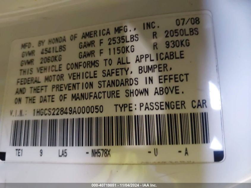 2009 Honda Accord 3.5 Ex-L VIN: 1HGCS22849A000050 Lot: 40719851