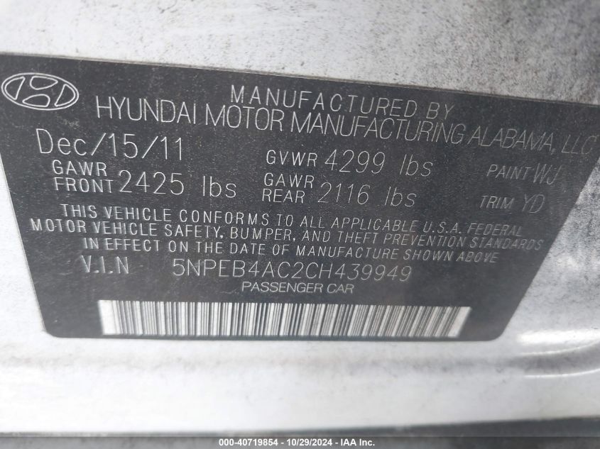 2012 Hyundai Sonata Gls VIN: 5NPEB4AC2CH439949 Lot: 40719854