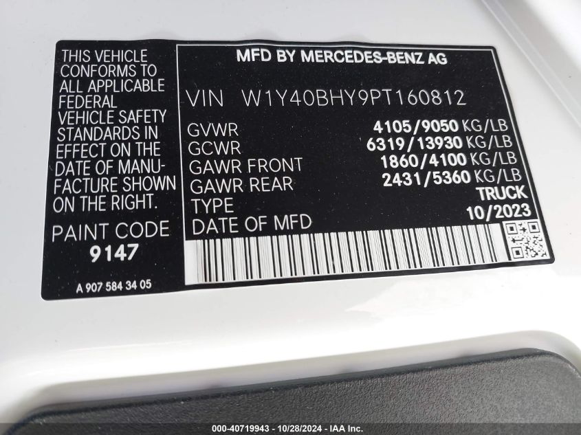 2023 Mercedes-Benz Sprinter 2500 Standard Roof 4-Cyl Gas VIN: W1Y40BHY9PT160812 Lot: 40719943