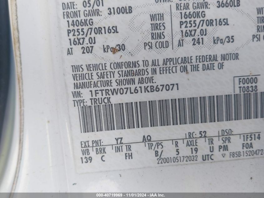 2001 Ford F-150 Harley-Davidson Edition/King Ranch Edition/Lariat/Xlt VIN: 1FTRW07L61KB67071 Lot: 40719969