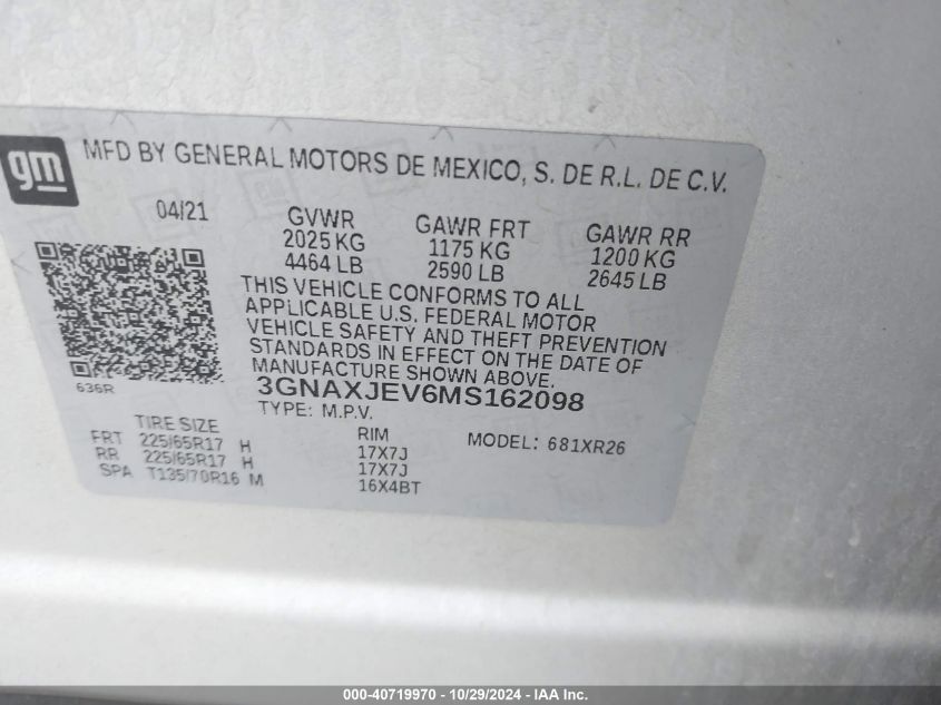 2021 Chevrolet Equinox Fwd 2Fl VIN: 3GNAXJEV6MS162098 Lot: 40719970