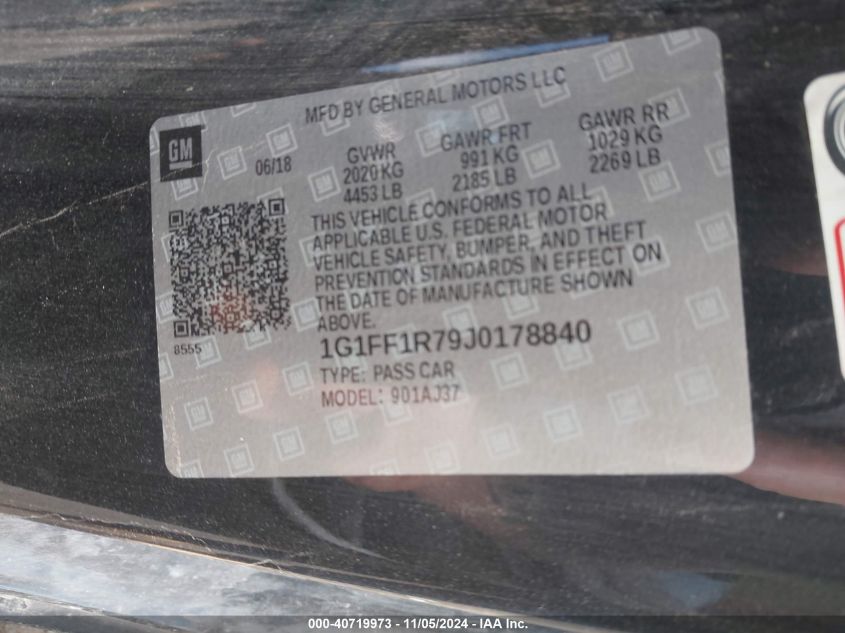 2018 CHEVROLET CAMARO VIN: 1G1FF1R79J0178840