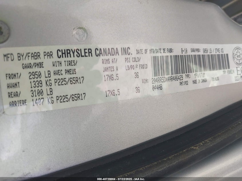 2010 Chrysler Town & Country Touring VIN: 2A4RR5DX4AR406429 Lot: 40720004