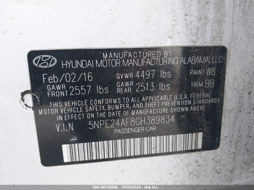 2016 Hyundai Sonata Se VIN: 5NPE24AF8GH389834 Lot: 40720088