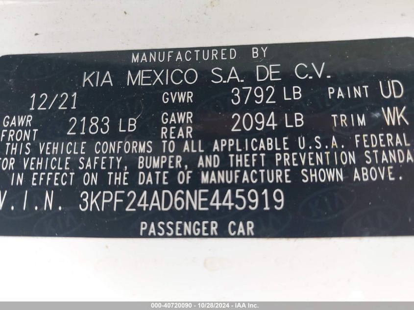 2022 Kia Forte Fe VIN: 3KPF24AD6NE445919 Lot: 40720090