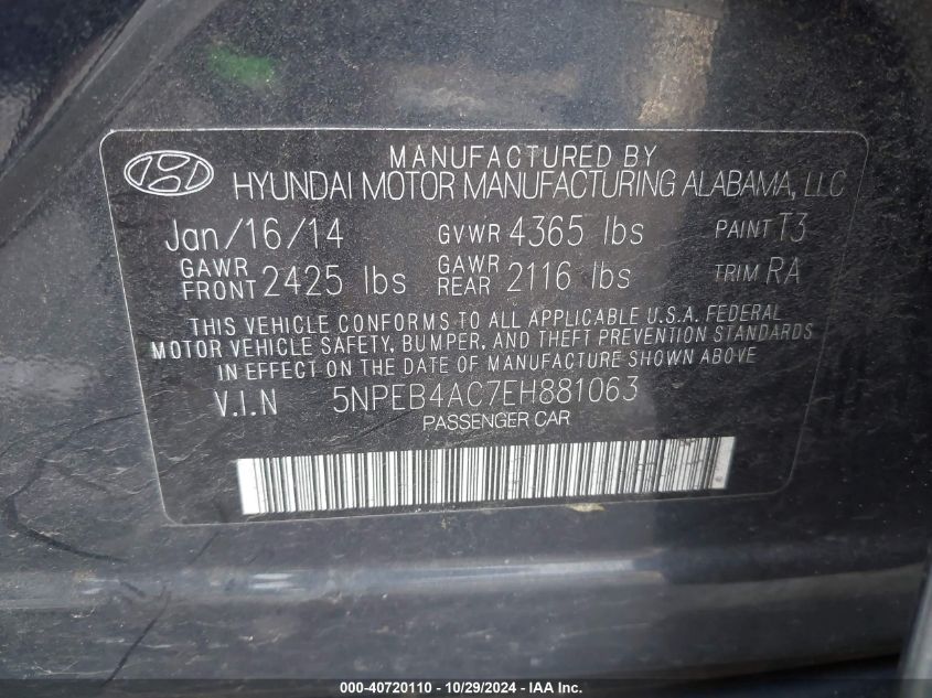 2014 Hyundai Sonata Gls VIN: 5NPEB4AC7EH881063 Lot: 40720110