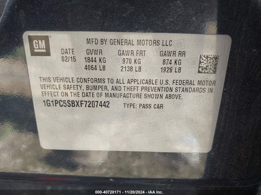 2015 Chevrolet Cruze 1Lt Auto VIN: 1G1PC5SBXF7207442 Lot: 40720171