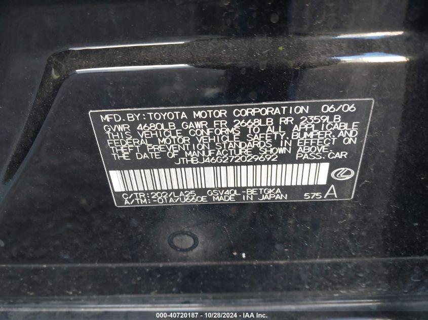 2007 Lexus Es 350 VIN: JTHBJ46G272029692 Lot: 40720187