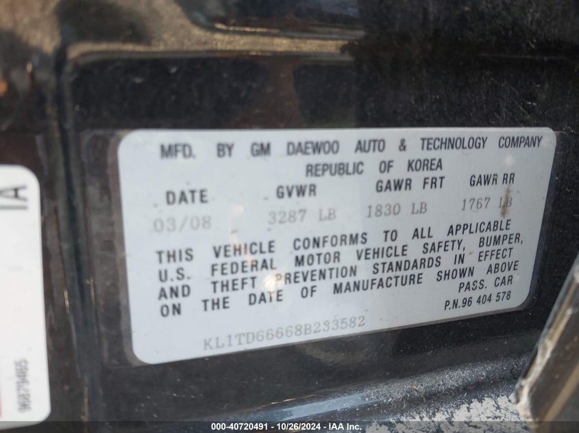 2008 CHEVROLET AVEO 5 VIN: KL1TD66668B233582