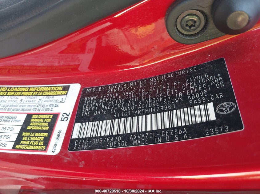 2021 TOYOTA CAMRY(VIN: 4T1G11AK5MU478961