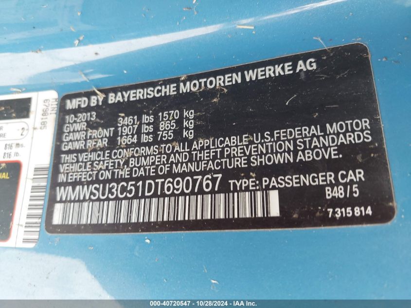 2013 Mini Hardtop Cooper VIN: WMWSU3C51DT690767 Lot: 40720547